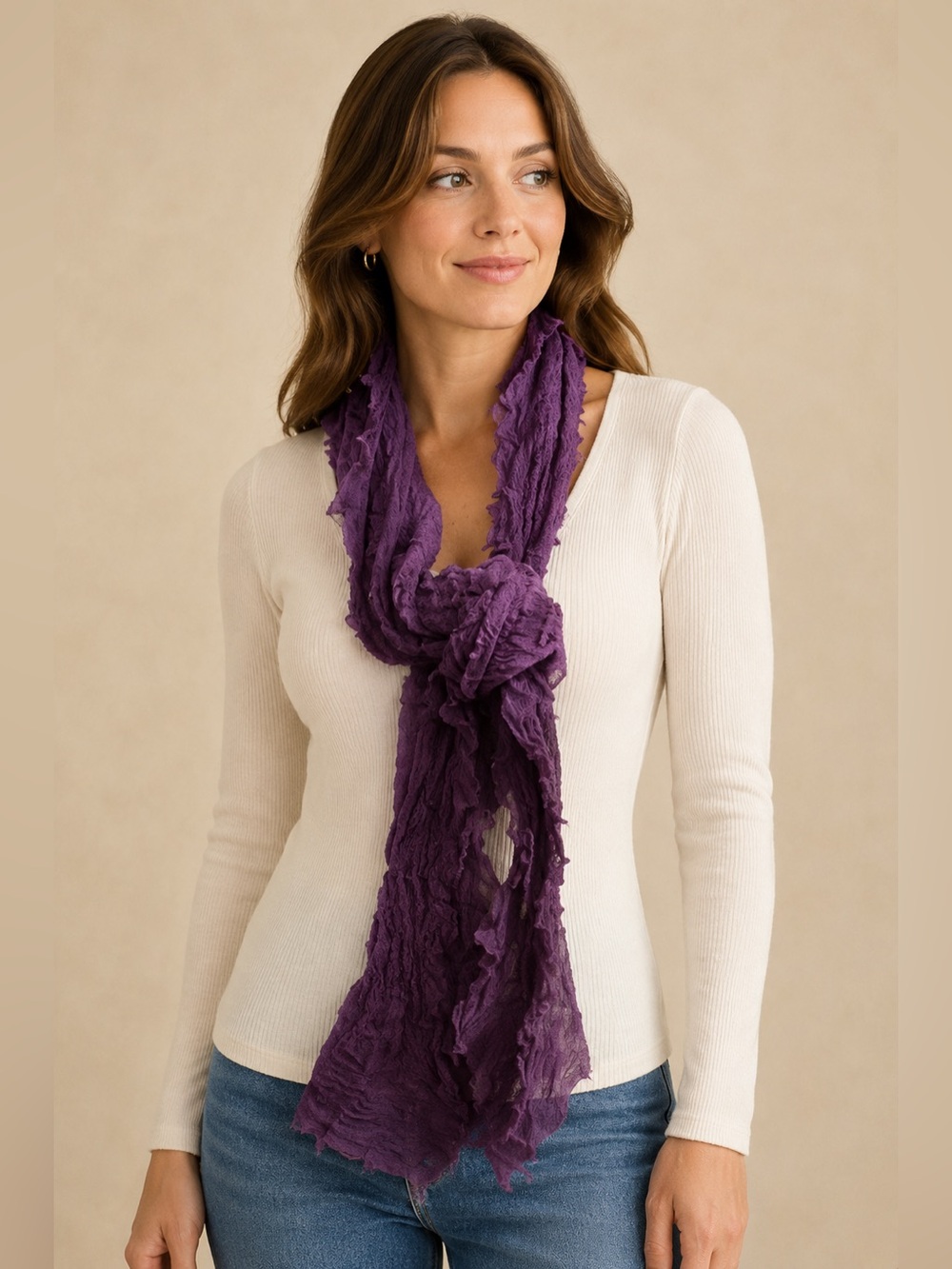 Purple Ruffle Textured Scarf Lightweight 70” x 8”